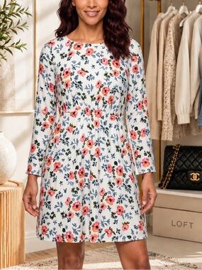 LOFT Floral Long Sleeve Fit & Flare Dress | Feminine Cottagecore Mini | Size 4